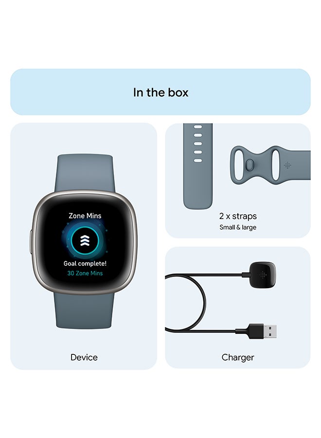 Fitbit - Versa 4, Health & Fitness Smartwatch with Built-in GPS and Up To 6+ Days Battery Life, 6-months Premium Membership Included, compatible with Android and iOS Waterfall Blue/Platinum + Free Aria Air Scale White - Image 1