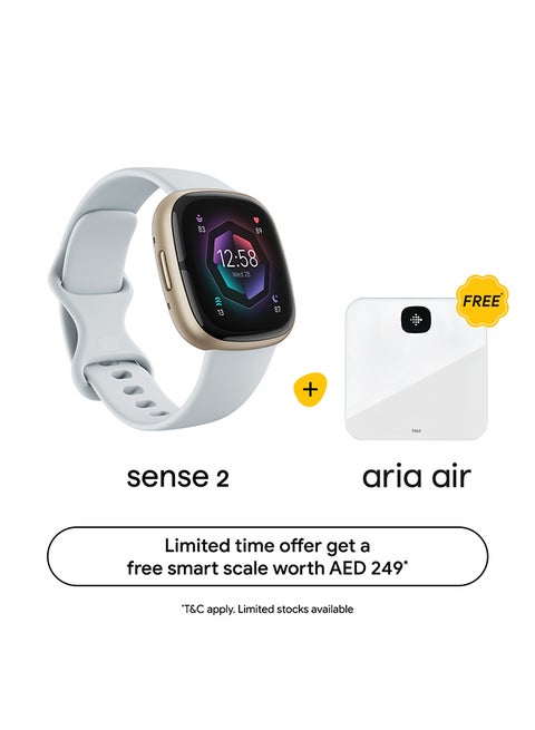 Sense 2, Health and Fitness Smartwatch with built-in GPS, advanced health features, up to 6 days battery life - compatible with Android and iOS Blue Mist / Pale Gold Aluminium + Free Aria Air Scale White