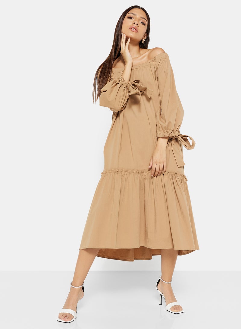 Tie Sleeve Midi Dress Brown - v1662013033/N44091145V_1