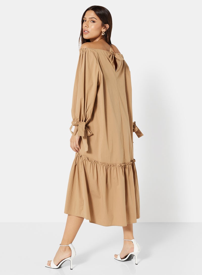 Tie Sleeve Midi Dress Brown - v1662013033/N44091145V_2