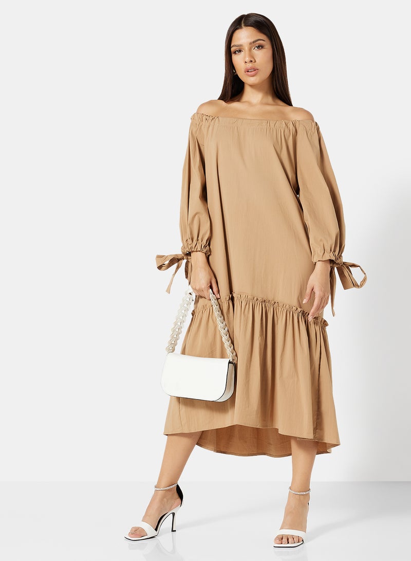 Tie Sleeve Midi Dress Brown - v1662013033/N44091145V_4