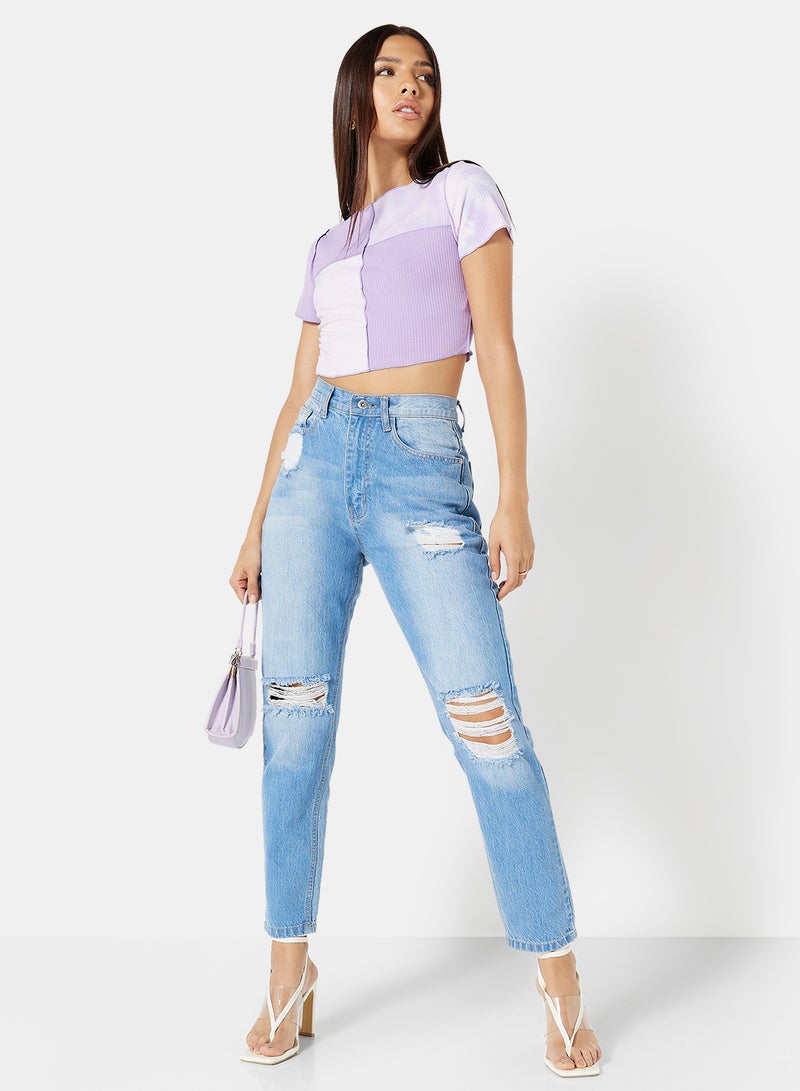 LABEL RAIL - Colourblock Crop Top Purple/White - Image 1