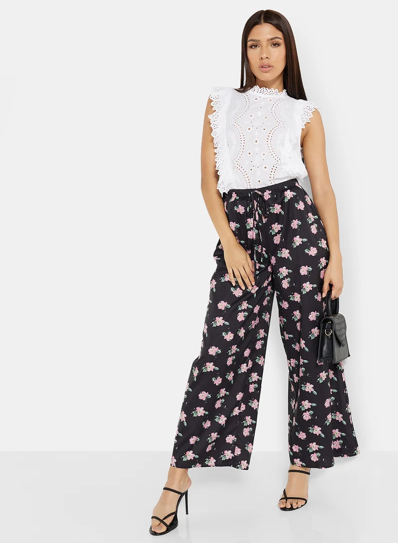 LABEL RAIL Floral Print Wide Leg Pants Black