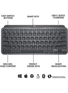 Logitech MX Keys Mini Minimalist Wireless Illuminated Keyboard, Compact, Bluetooth, Backlit, USB-C, Compatible with Apple macOS, iOS, Windows, Linux, Android, Metal Build, English Arabic Keyboard Black  - Image 3