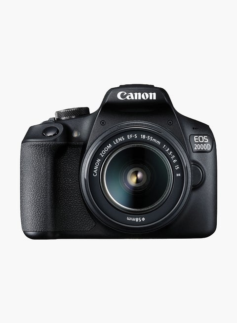 كاميرا EOS 2000D DSLR بعدسة بخاصية التحكم في إزالة التركيز البؤري وبفتحة مقاس 18-55 ودقة 24.1 ميجابكسل ومستشعر APS-C ومحدد منظر بصري