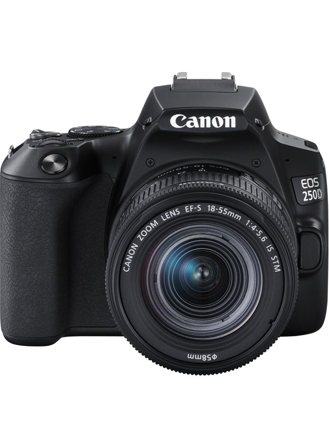 كانون كاميرا DSLR طراز EOS 250D بعدسات EFS 18-55 DC III بتركيز 24.1 ميجابكسل ومستشعر APS-C بمعدل 5 إطارات في الثانية مع شاشة لمس متغيرة الزاوية لأفلام بجودة 4K تدعم الواي فاي والبلوتوث 