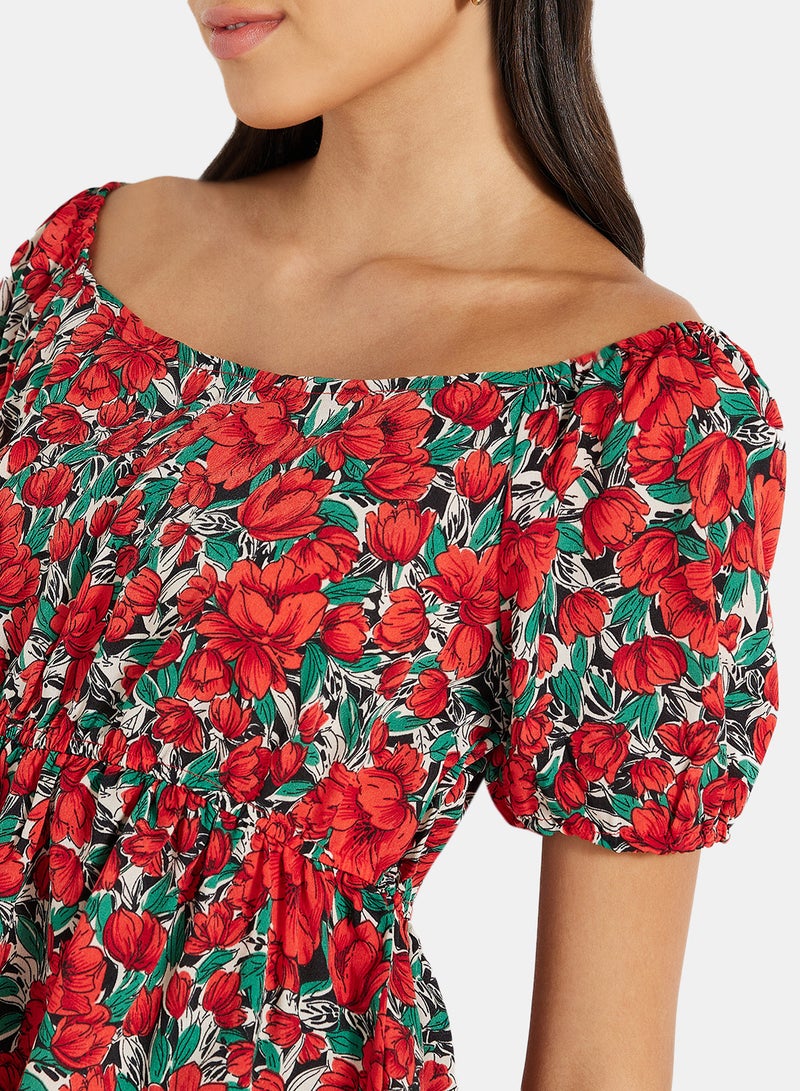 LABEL RAIL Floral Print Bardot Blouse Red  - Image 3