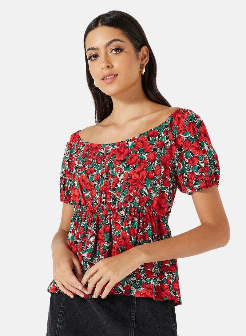 LABEL RAIL Floral Print Bardot Blouse Red  - Image 1
