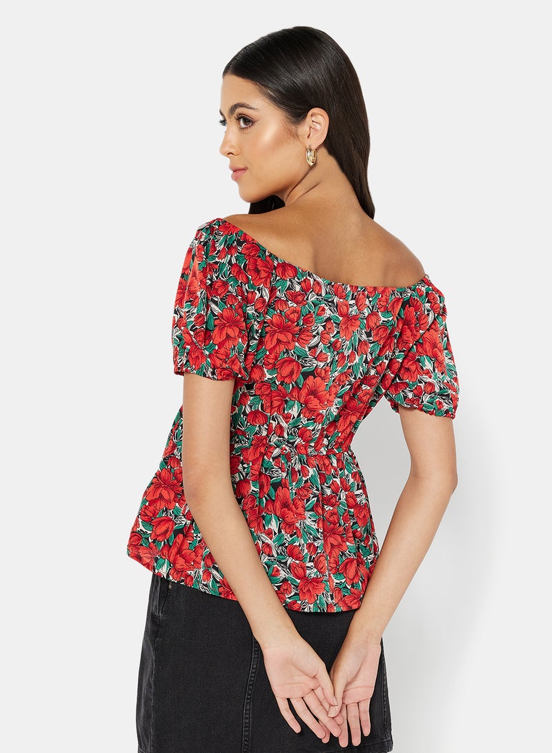 LABEL RAIL Floral Print Bardot Blouse Red  - Image 2