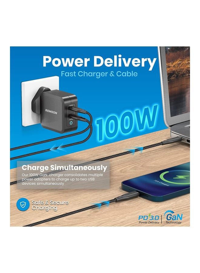 Remson Trio Pack Fast Charger 100W PD 3.0 GaN Tech Wall Charger with MFi USB-C to Lightning Cable and USB-C to USB-C Cable for MacBook Pro/Air/iPad/iPhone 13 Pro Max Black - Image 2
