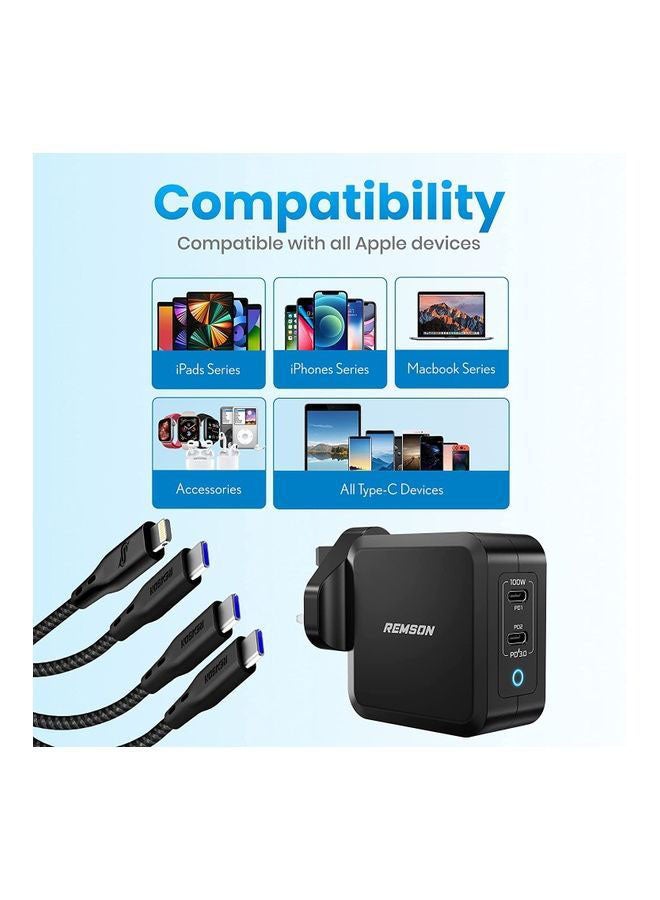 Remson Trio Pack Fast Charger 100W PD 3.0 GaN Tech Wall Charger with MFi USB-C to Lightning Cable and USB-C to USB-C Cable for MacBook Pro/Air/iPad/iPhone 13 Pro Max Black - Image 5