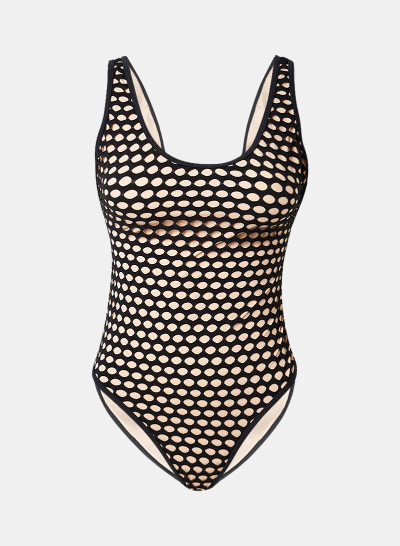 trendyol Polka Dot Layered Mesh Swimsuit Beige/Black