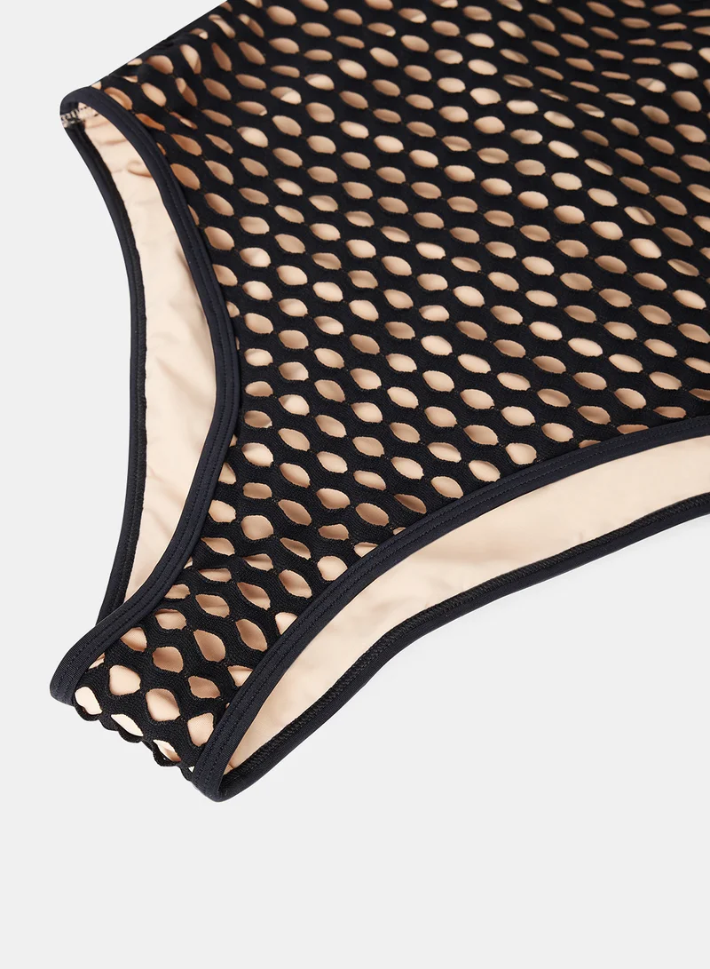 trendyol Polka Dot Layered Mesh Swimsuit Beige/Black
