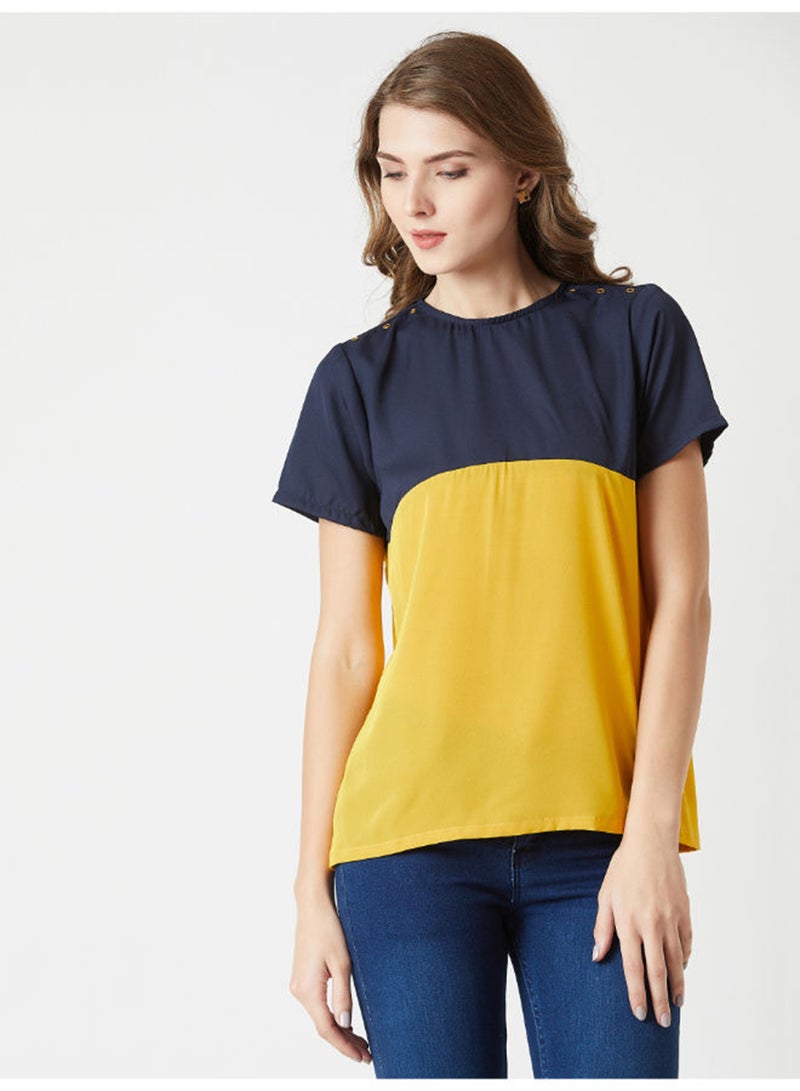 Miss Chase Go Solo Eyelet Colourblock Top Yellow/Navy Blue  - Image 1