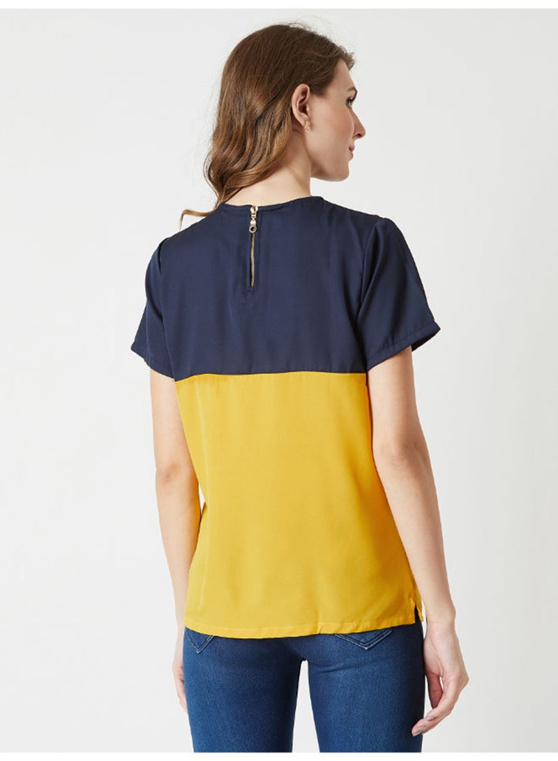 Miss Chase Go Solo Eyelet Colourblock Top Yellow/Navy Blue  - Image 2