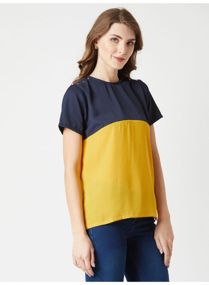 Miss Chase Go Solo Eyelet Colourblock Top Yellow/Navy Blue  - Image 3
