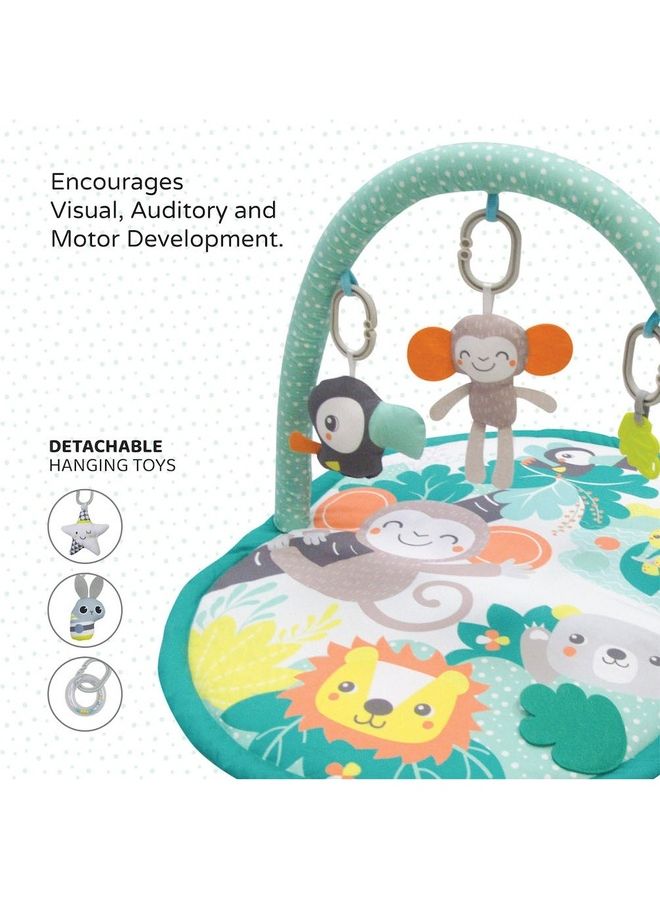 Moon Jungle Friends Mat With Single Arch, Om+, Baby Playmat & Activity Gym with hanging rattles soft and comfortable cushion mat - Green 45x16.5x38cm - Image 4