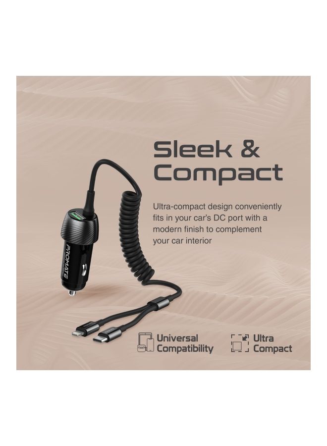 PROMATE - 33W Car Charger with Lightning Connector And USB-C Cable Black - Image 1