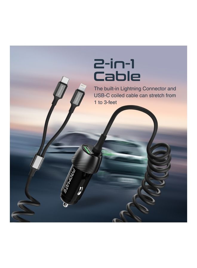 PROMATE - 33W Car Charger with Lightning Connector And USB-C Cable Black - Image 1