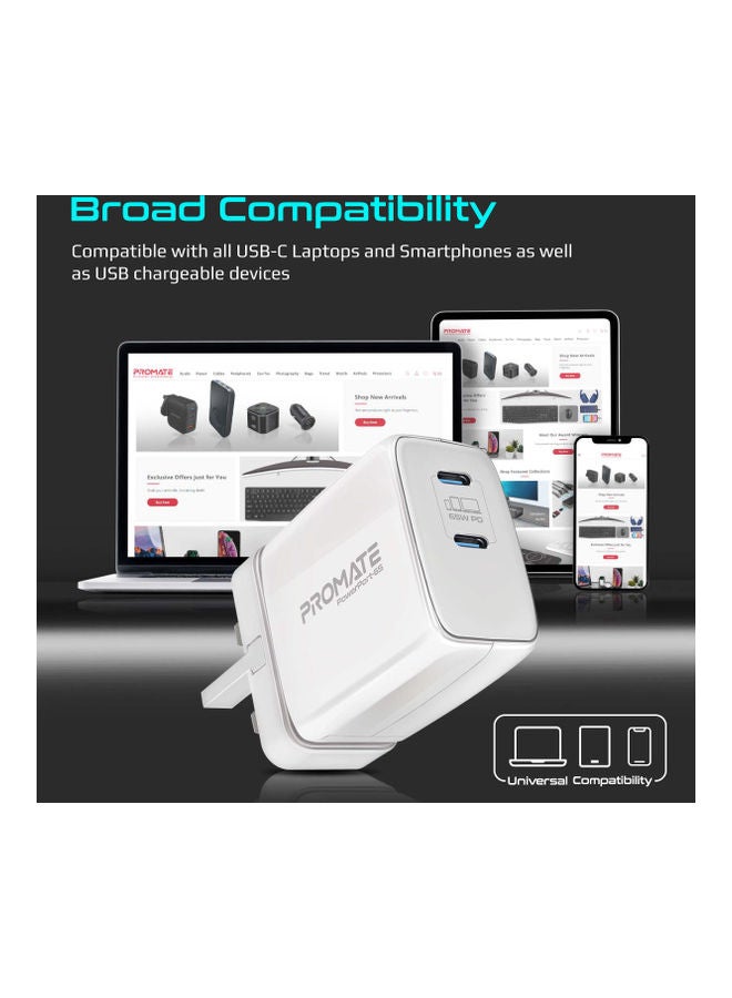 PROMATE - iPhone 15 Charger, 65W Super Speed GaNFast Charging Adapter with Dual USB Ports White White - Image 1