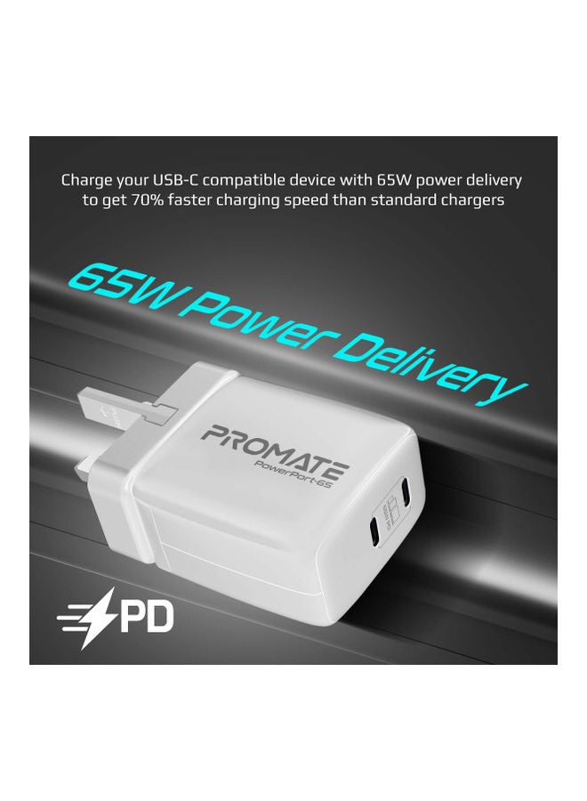 PROMATE - iPhone 15 Charger, 65W Super Speed GaNFast Charging Adapter with Dual USB Ports White White - Image 1