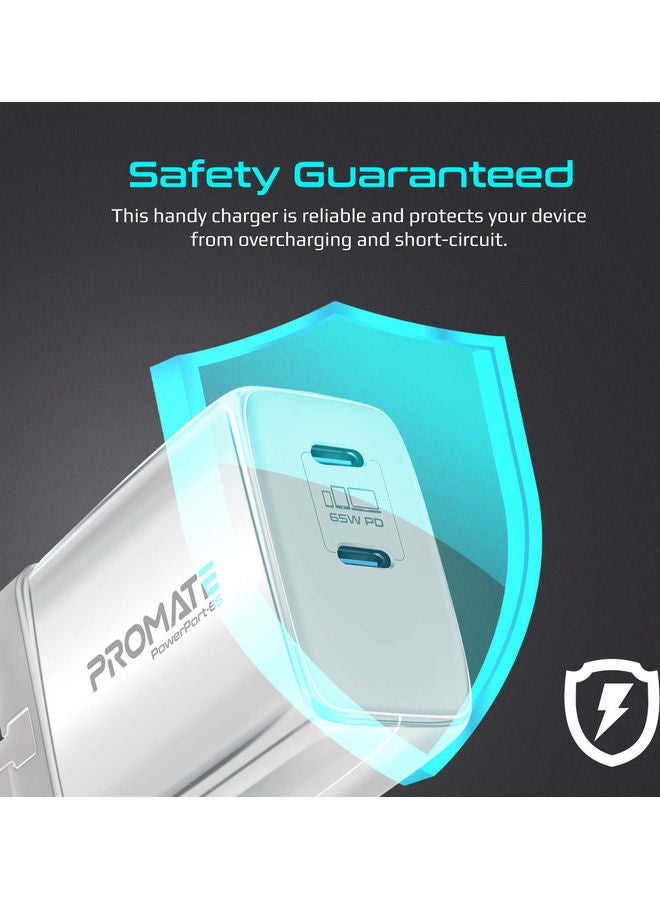 PROMATE - iPhone 15 Charger, 65W Super Speed GaNFast Charging Adapter with Dual USB Ports White White - Image 1