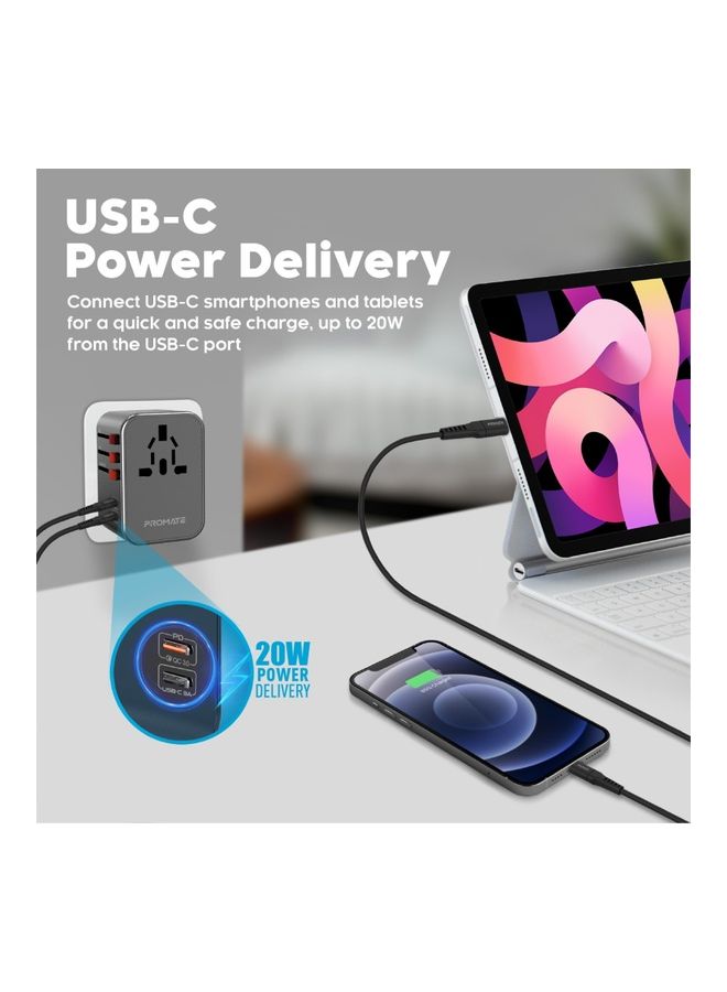 PROMATE - iPhone 16 Charger, Smart Charging Surge Protected Universal Travel Adapter 36W - Black - Image 1