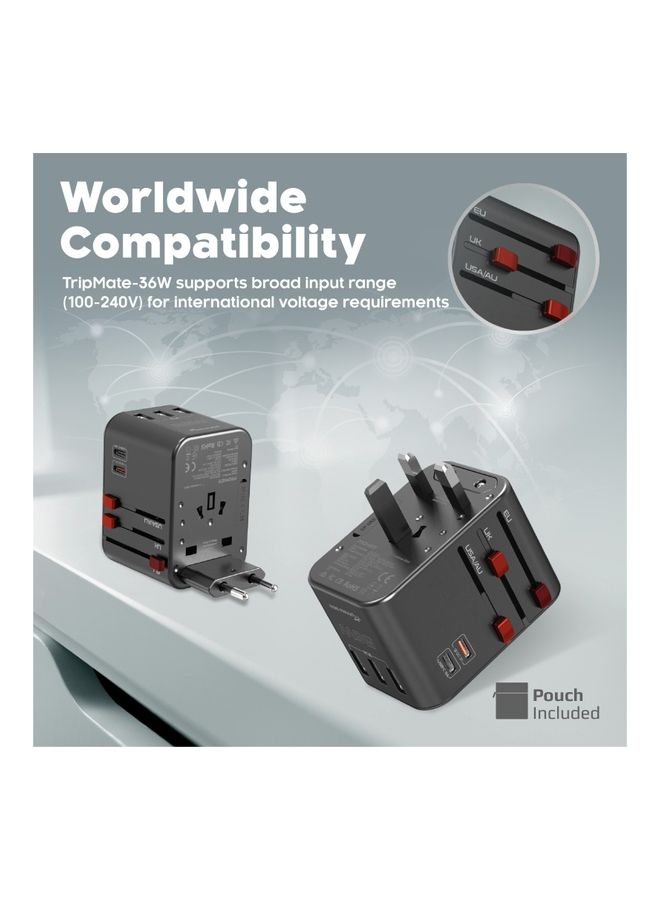 PROMATE - iPhone 16 Charger, Smart Charging Surge Protected Universal Travel Adapter 36W - Black - Image 1