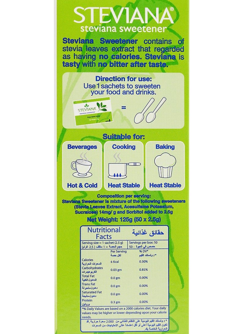 Steviana - Low Calories Sweetener, 50 Sachets, 125g - Image 1