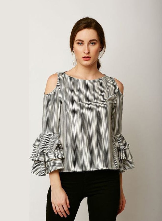 Miss Chase - Time Cannot Wait Ruffle Sleeve Top White/Black - Image 1