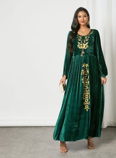 Peasant Neck Trendy Modest Velvet Jalabiya Bottle Green