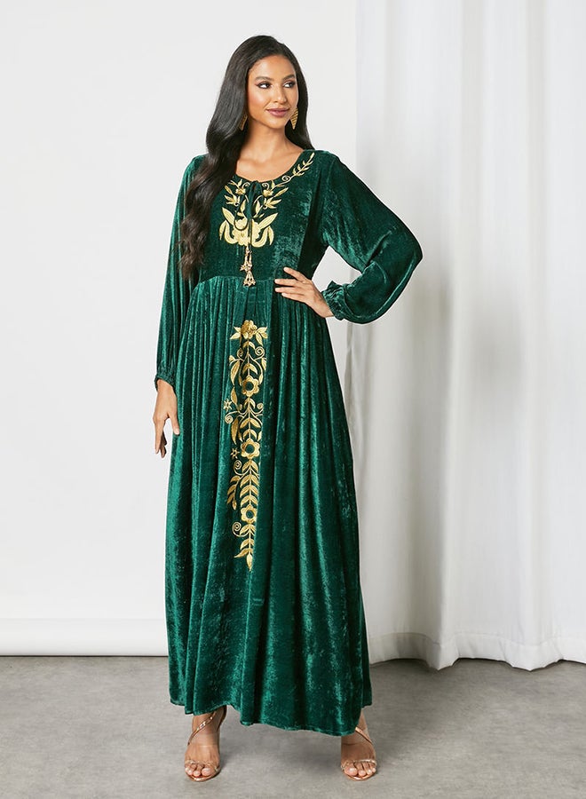 Zyna Fashion - Peasant Neck Trendy Modest Velvet Jalabiya Bottle Green - Image 1