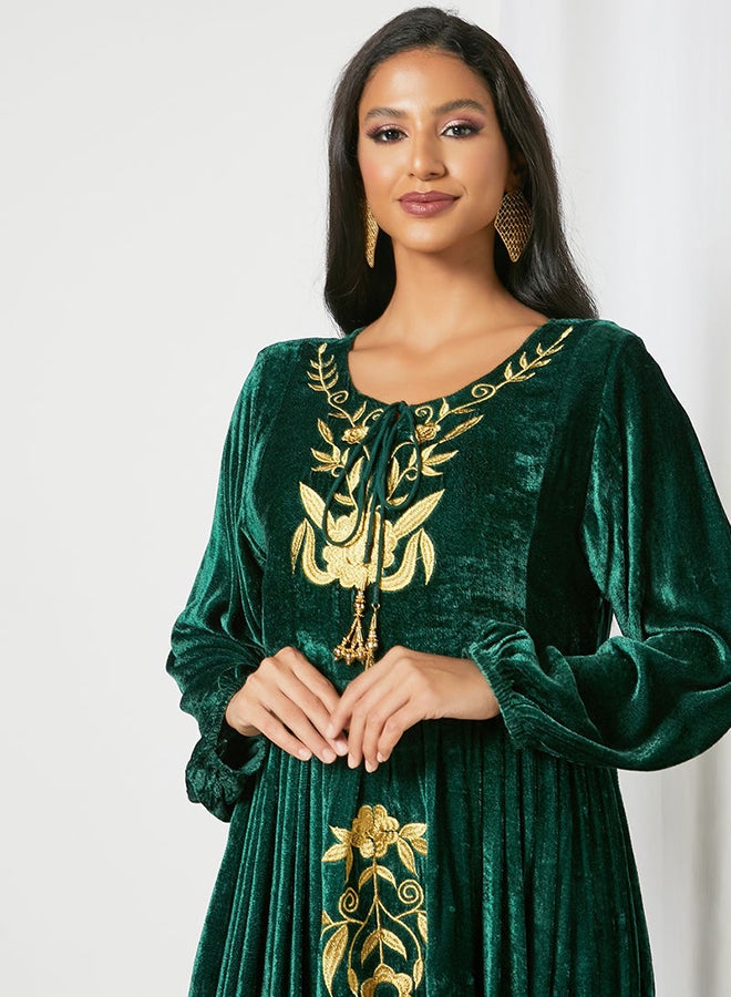 Zyna Fashion - Peasant Neck Trendy Modest Velvet Jalabiya Bottle Green - Image 1