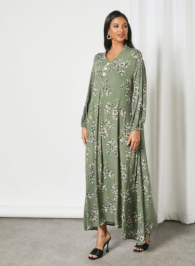 Zyna Fashion - Floral Printed Trendy Maxi Modest Dress Green - Image 1