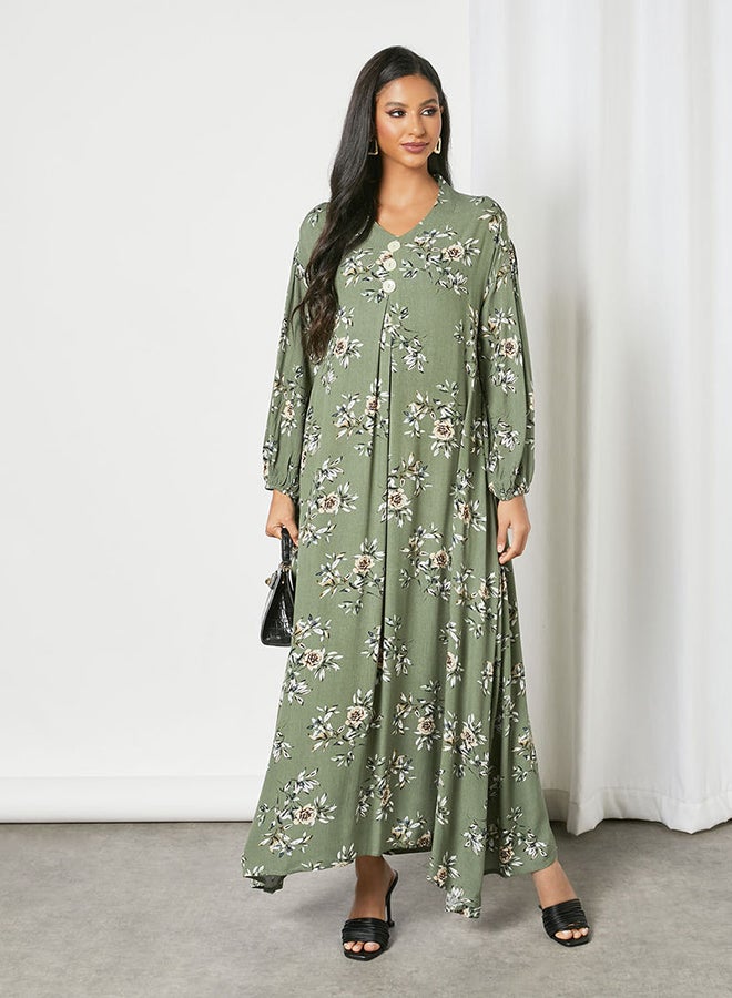 Zyna Fashion - Floral Printed Trendy Maxi Modest Dress Green - Image 1