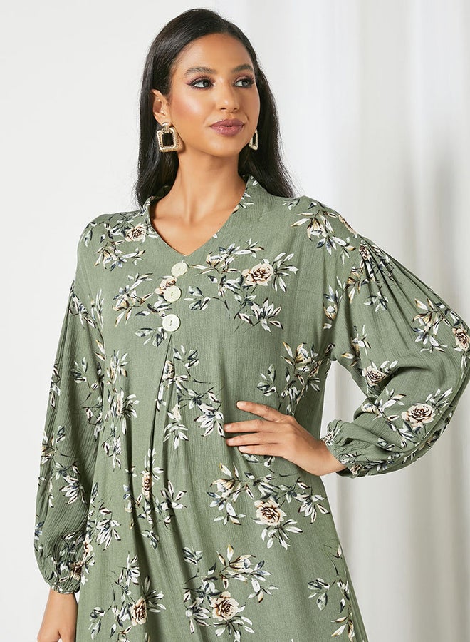Zyna Fashion - Floral Printed Trendy Maxi Modest Dress Green - Image 1