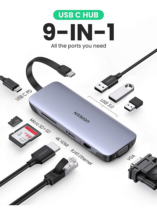 USB C Hub 9 in 1 USB Type C Multiport Foldable Adapter Dock with 4K HDMI, VGA, Gigabit Ethernet, PD Charging, 3 USB 3.0 Ports, SD Card Reader inch black