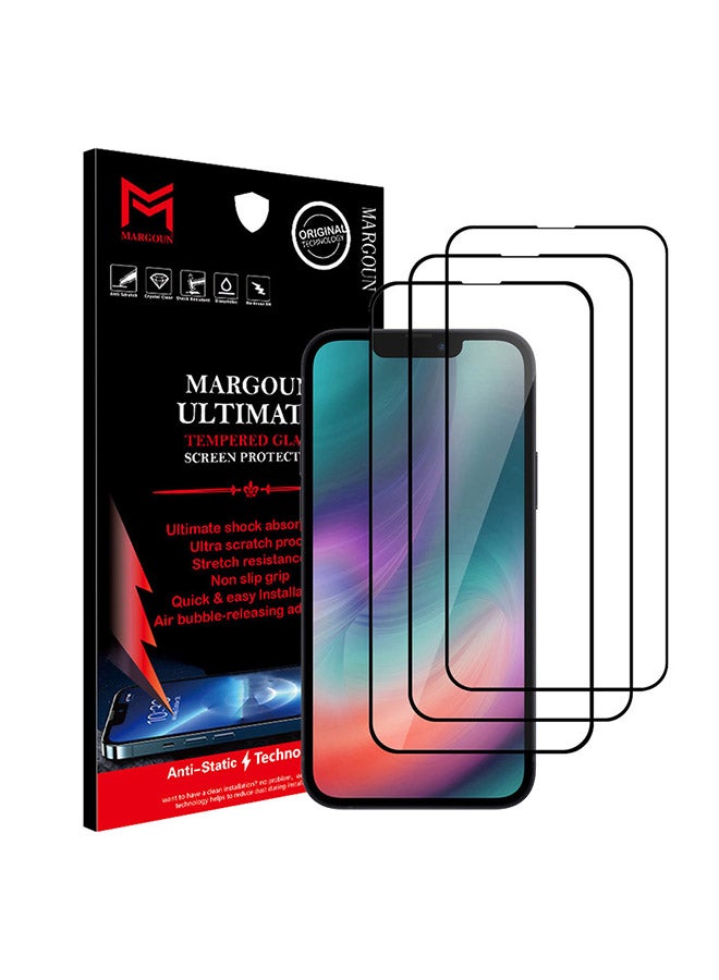 مارجون 3 Pack Screen Protector Anti-Scratch Tempered Glass Clear 3D HD Edge to Edge Full Coverage 9H Case Friendly Film For Apple iPhone 14 6.1 inch Clear/Black - Image 1