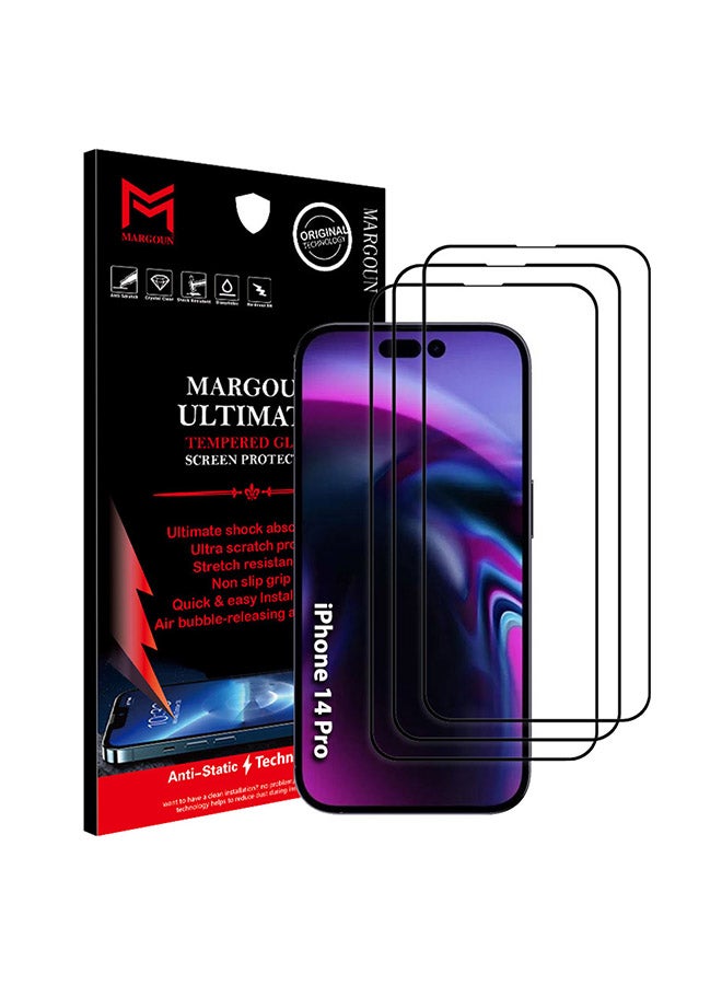 MARGOUN 3 Pack Screen Protector Anti-Scratch Tempered Glass Clear 3D HD Edge to Edge Full Coverage 9H Case Friendly Film Screen Protector For Apple iPhone 14 Pro 6.1 inch Clear/Black - Image 1