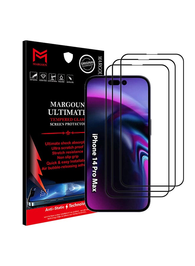 MARGOUN 3 Pack Screen Protector Anti-Scratch Tempered Glass Clear 3D HD Edge to Edge Full Coverage 9H Case Friendly Film For Apple iPhone 14 Pro Max 6.7 inch Clear/Black  - Image 1