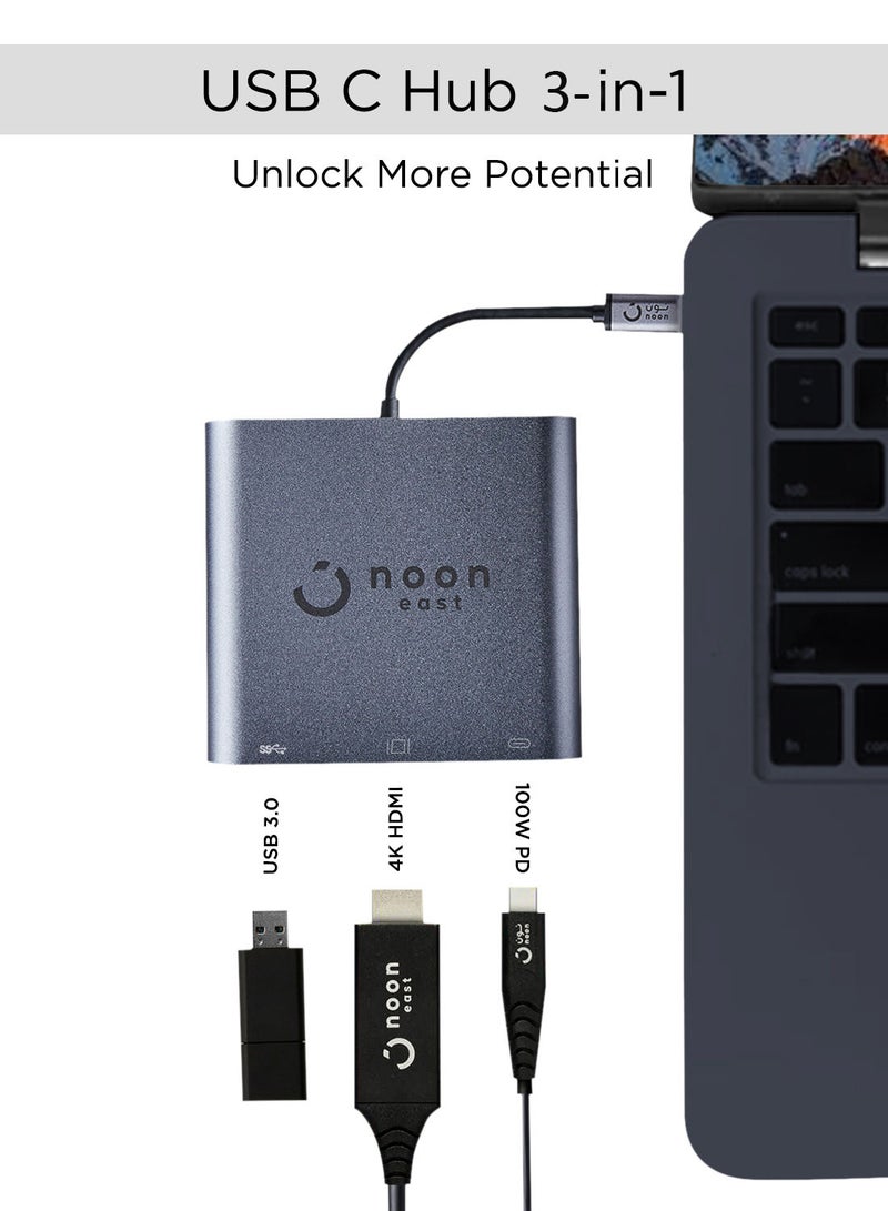 Noon East - USB C Data Hub Adapter 3-In-1 (Type C to HDMI, USB 3.0 and Type C) For MacBook And Windows Laptops - Grey - Image 1