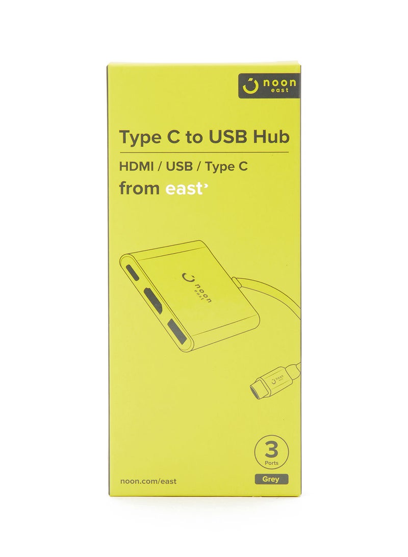 Noon East - USB C Data Hub Adapter 3-In-1 (Type C to HDMI, USB 3.0 and Type C) For MacBook And Windows Laptops - Grey - Image 1