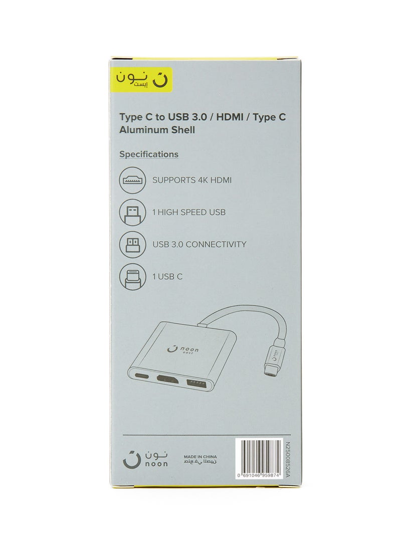 Noon East - USB C Data Hub Adapter 3-In-1 (Type C to HDMI, USB 3.0 and Type C) For MacBook And Windows Laptops - Grey - Image 1