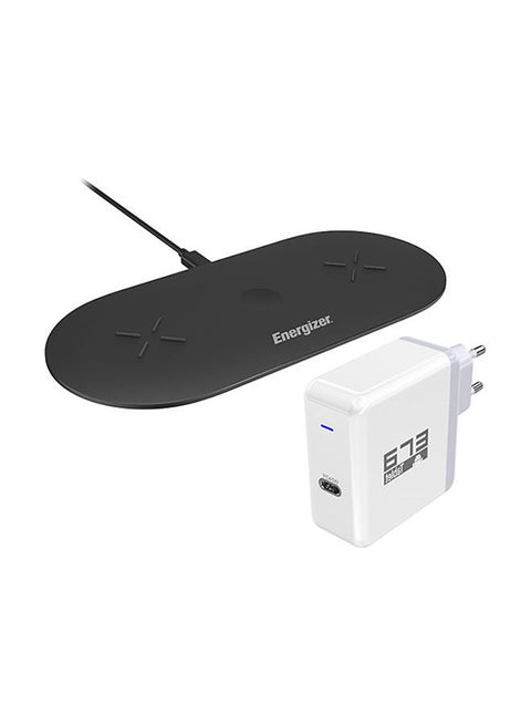 Energizer Wireless Dual Fast charge pad 30w + 45W PD Charger + USB-C to USB-C Cable Black