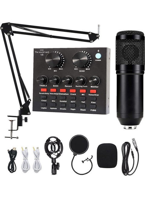 Professional Condenser Microphone Bundle with Live Sound Card for Studio Recording and Broadcasting Black