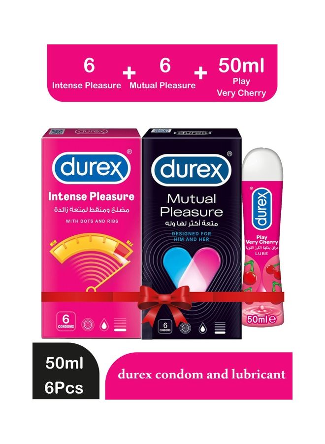 دوريكس مجموعة من ( 6 واقي ذكري ذو نقاط وأضلاع لمتعة زائدة  + 6 واقي ذكري ميوتشوال بليجر +  50 مل مزلق بلاي جل المزلق بنكهة الكرز القوية ) - Image 1