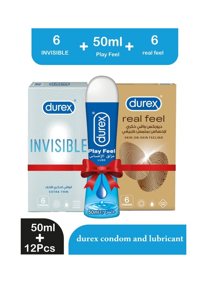 دوريكس مجموعة من (6 واقي ذكري للرجال ريل فيل للإحساس بملمس طبيعي + 6 واقي ذكري للرجال مزلق انفيزيبل رقيق للغاية  + 50 مل بلاي مزلق الإحساس ) - Image 1