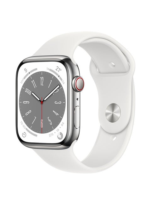 Watch Series 8 GPS + Cellular 45mm Silver Stainless Steel Case With White Sport Band