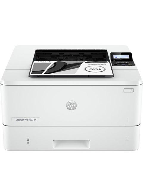 LaserJet Pro 4003dn Printer, 1200 x 1200 dpi Resolutions, Up to 40 ppm Preint Speed, LCD Graphic Display, 100 Sheet Multipurpose Tray 1, 250 Sheet Input Tray, USB / Ethernet | 2Z609A White