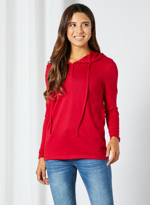 Solid Pattern Fine Knitted Button Detail Drawstring Hoodie Red
